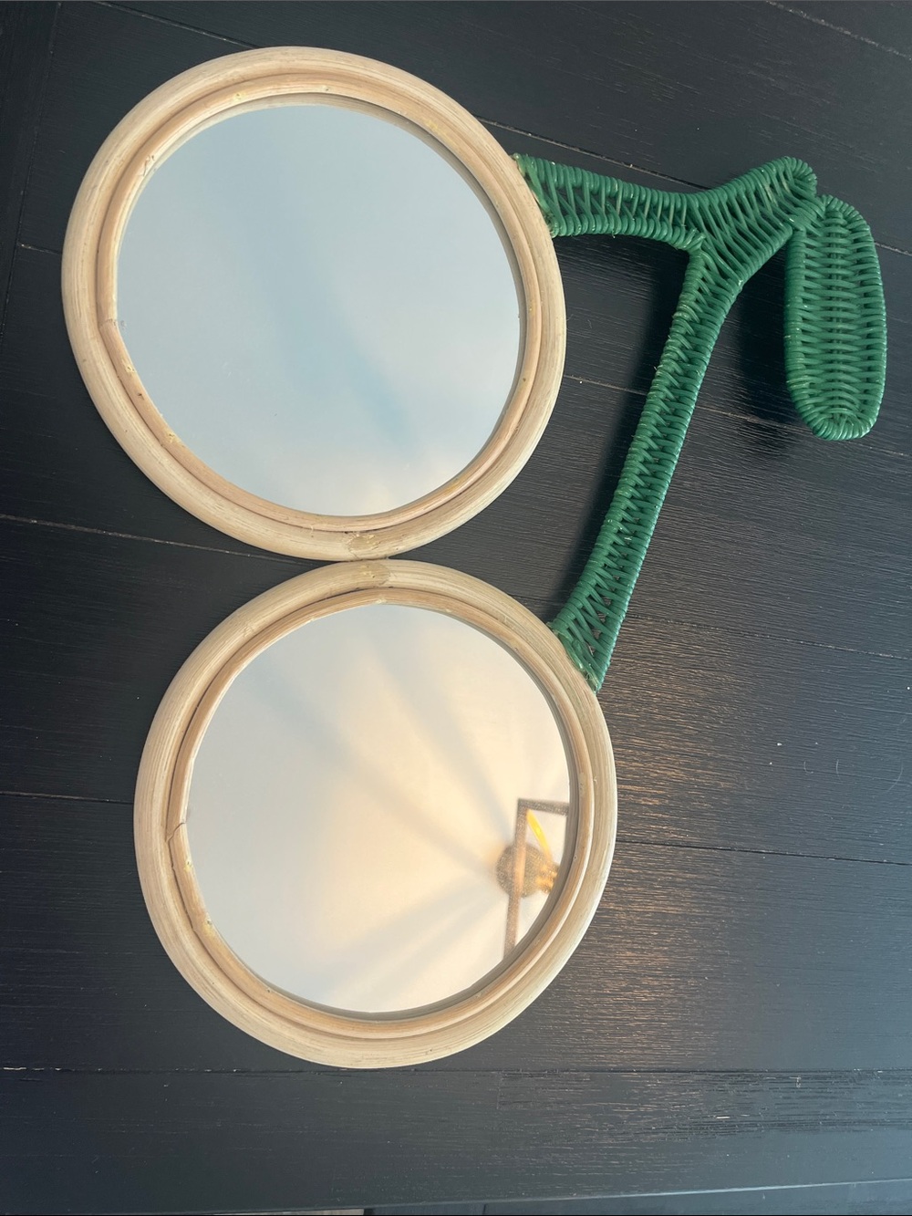 Double Round Wall Mirror imitating cherries with green woven leaves accent
